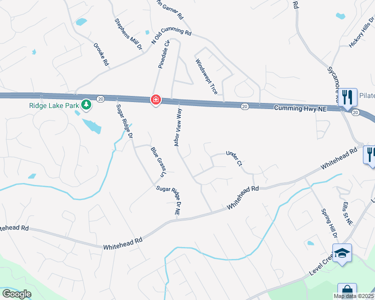 map of restaurants, bars, coffee shops, grocery stores, and more near 850 Long Branch Circle in Sugar Hill