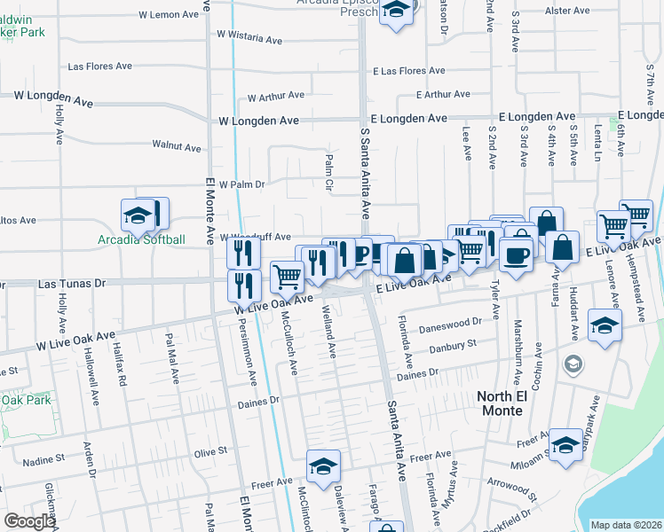 map of restaurants, bars, coffee shops, grocery stores, and more near 2607 South Santa Anita Avenue in Arcadia