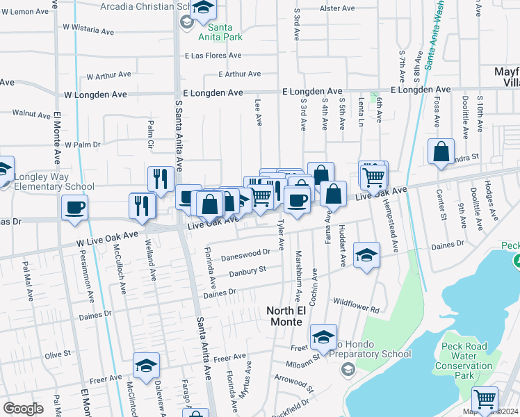map of restaurants, bars, coffee shops, grocery stores, and more near 145 Live Oak Avenue in Arcadia
