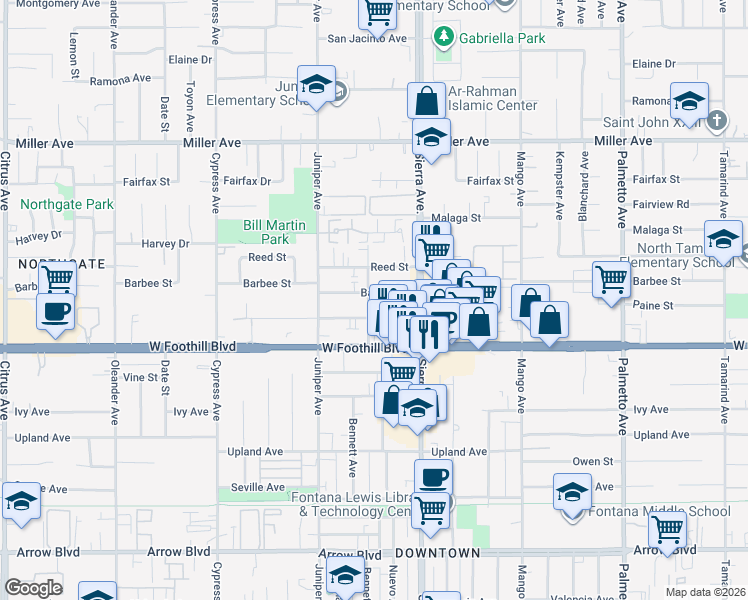 map of restaurants, bars, coffee shops, grocery stores, and more near 16809 Barbee St in Fontana