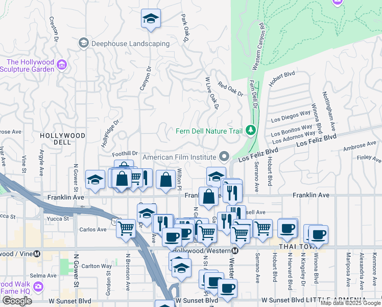 map of restaurants, bars, coffee shops, grocery stores, and more near 2039 North Gramercy Place in Los Angeles