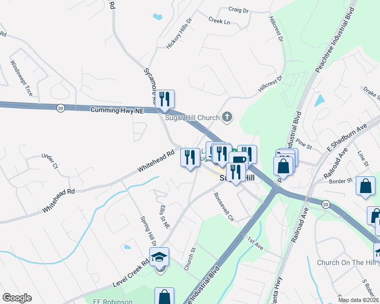 map of restaurants, bars, coffee shops, grocery stores, and more near 1164 Hillcrest Drive in Sugar Hill