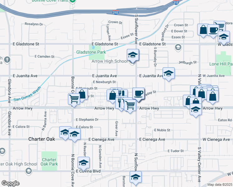 map of restaurants, bars, coffee shops, grocery stores, and more near 741 Claraday Street in Glendora