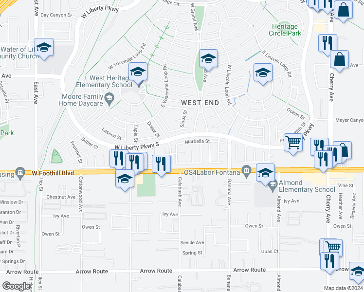 map of restaurants, bars, coffee shops, grocery stores, and more near 13825 Marbella Street in Fontana
