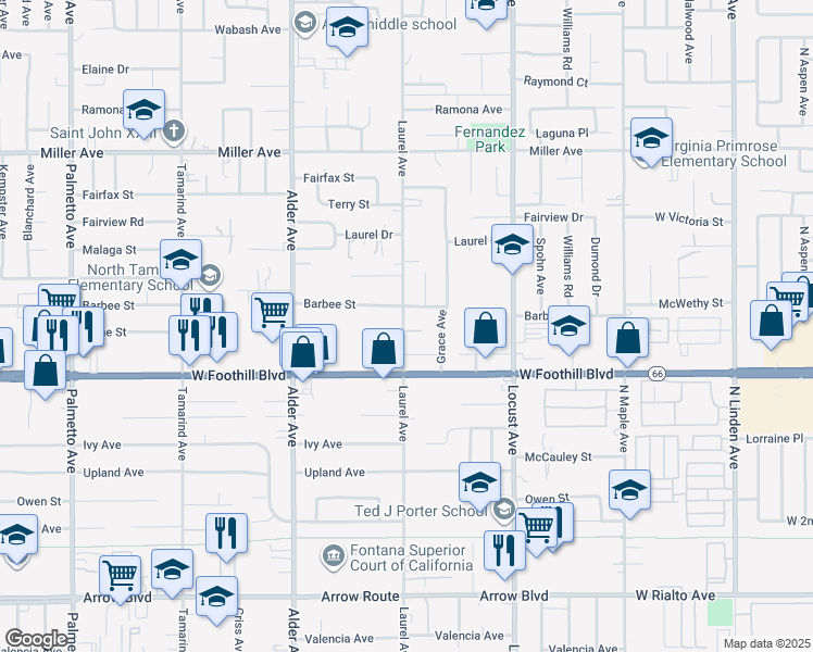 map of restaurants, bars, coffee shops, grocery stores, and more near 8007 Laurel Avenue in Fontana