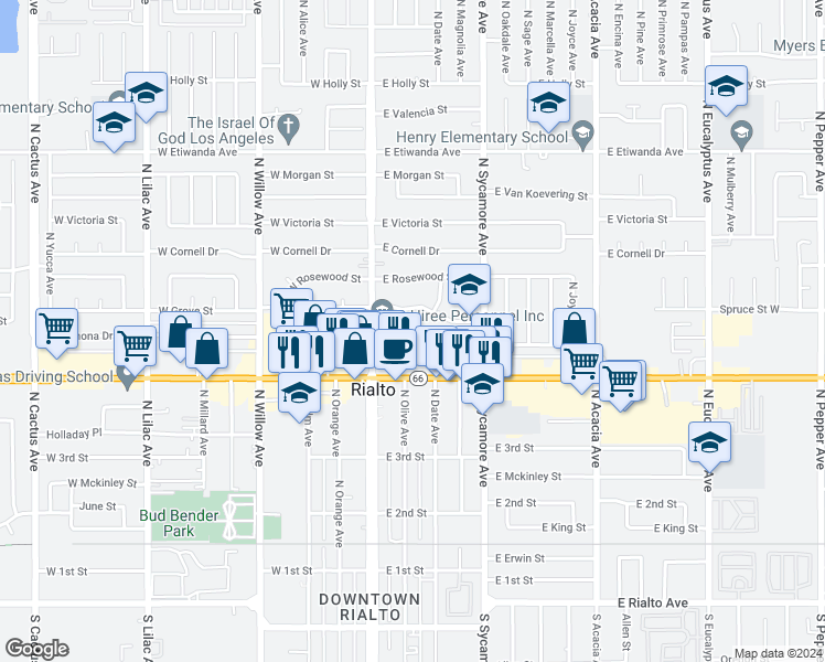 map of restaurants, bars, coffee shops, grocery stores, and more near 172 East Ramona Drive in Rialto