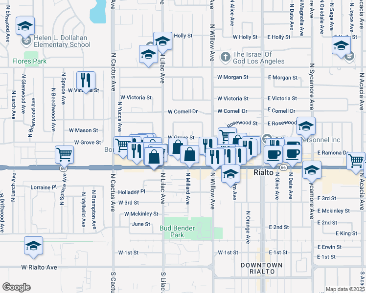 map of restaurants, bars, coffee shops, grocery stores, and more near 452 West Ramona Drive in Rialto