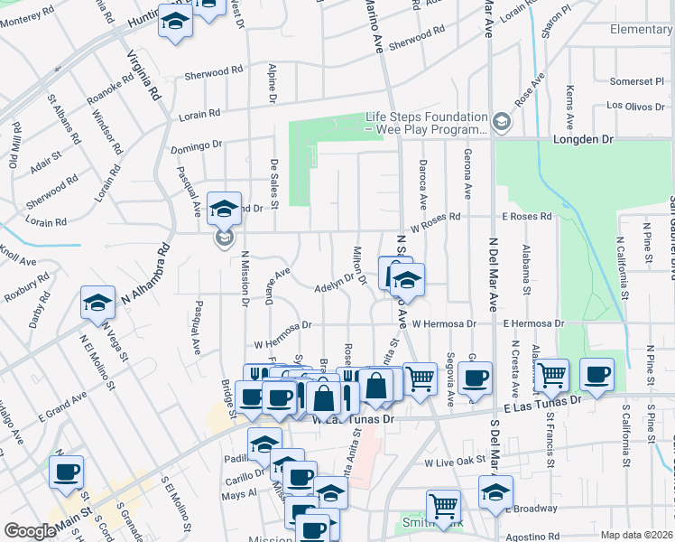 map of restaurants, bars, coffee shops, grocery stores, and more near 404 Rosemont Boulevard in San Gabriel