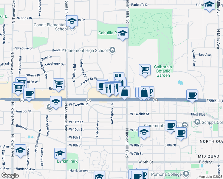map of restaurants, bars, coffee shops, grocery stores, and more near 501 West Foothill Boulevard in Claremont