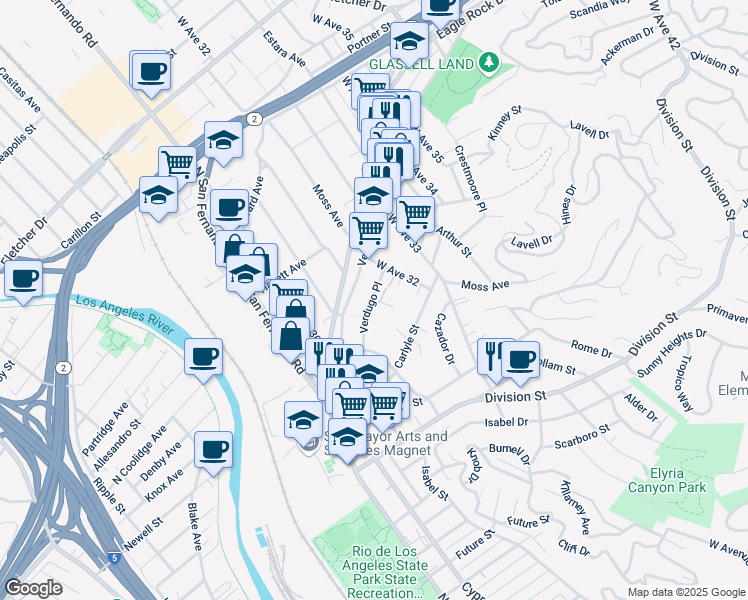 map of restaurants, bars, coffee shops, grocery stores, and more near 2436 West Avenue 32 in Los Angeles