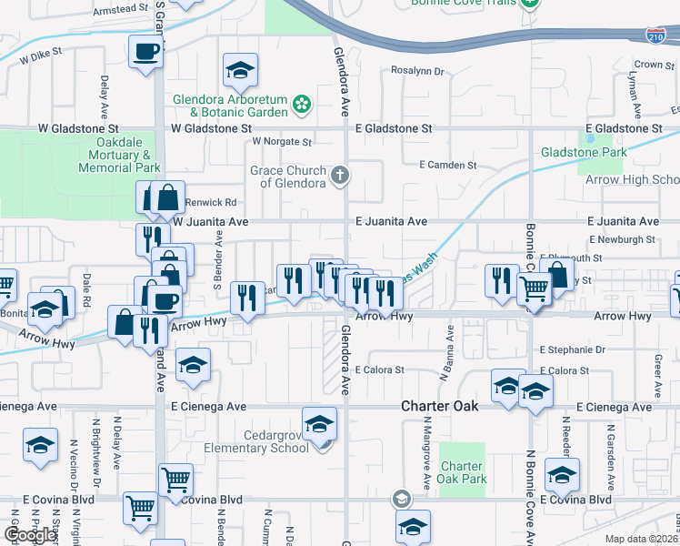map of restaurants, bars, coffee shops, grocery stores, and more near 1708 South Danehurst Avenue in Glendora