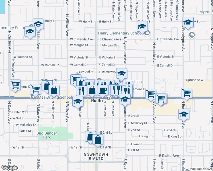map of restaurants, bars, coffee shops, grocery stores, and more near 172 East Ramona Drive in Rialto