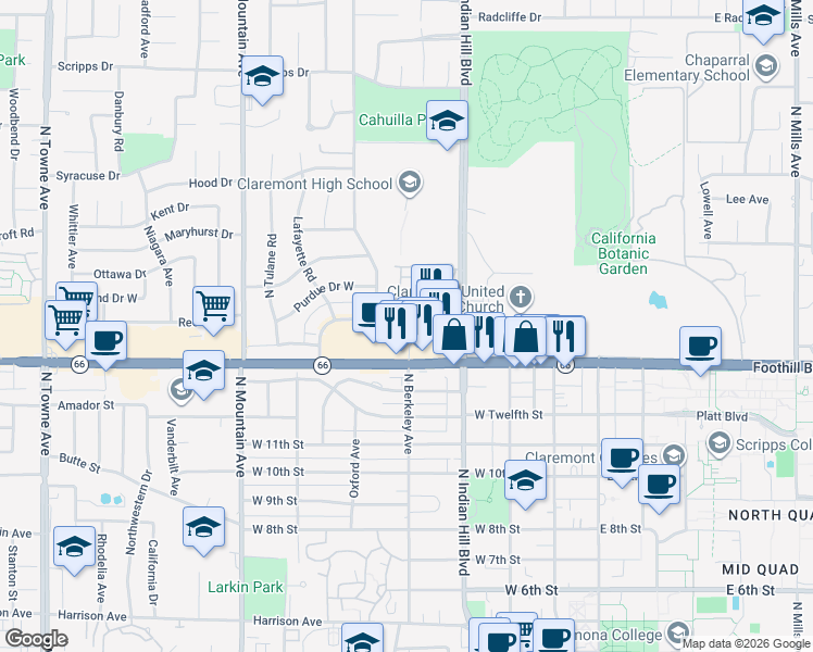 map of restaurants, bars, coffee shops, grocery stores, and more near 501 West Foothill Boulevard in Claremont