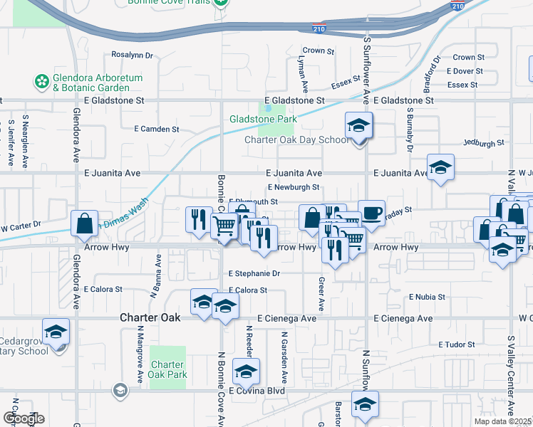 map of restaurants, bars, coffee shops, grocery stores, and more near 631 Claraday Street in Glendora