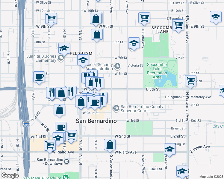 map of restaurants, bars, coffee shops, grocery stores, and more near 833 West 10th Street in San Bernardino