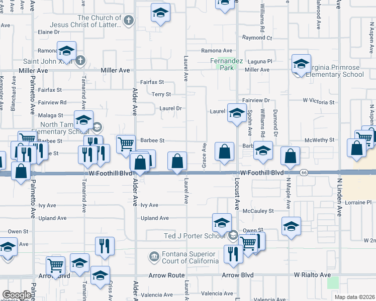 map of restaurants, bars, coffee shops, grocery stores, and more near 8007 Laurel Avenue in Fontana