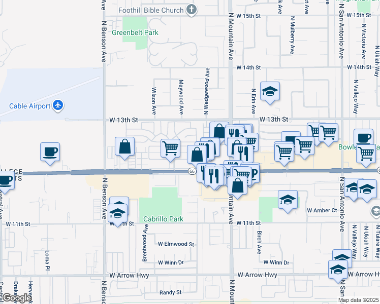 map of restaurants, bars, coffee shops, grocery stores, and more near 1319 Springfield Street in Upland
