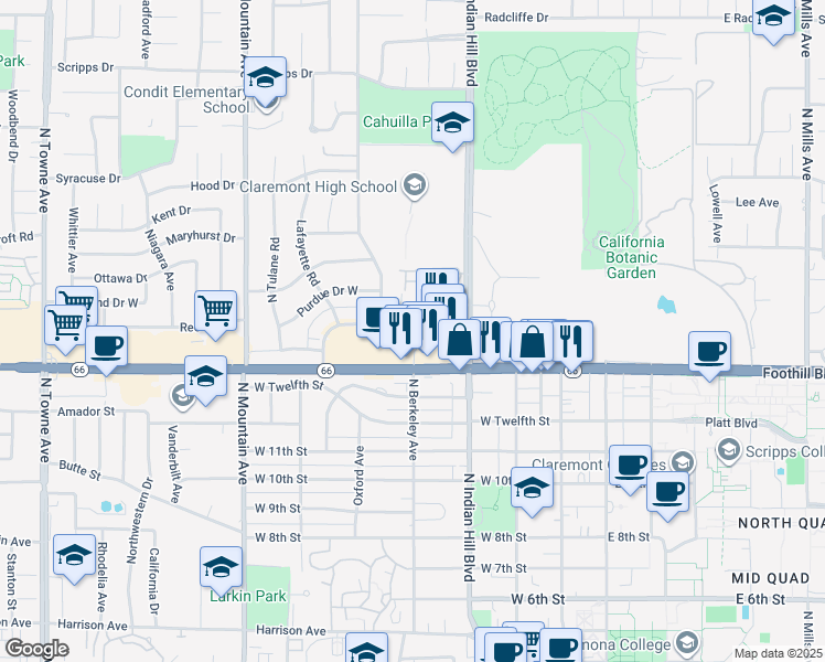map of restaurants, bars, coffee shops, grocery stores, and more near 515 West Foothill Boulevard in Claremont