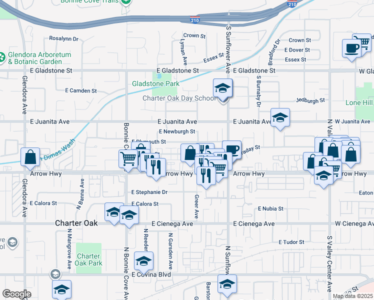 map of restaurants, bars, coffee shops, grocery stores, and more near 712 East Plymouth Street in Glendora