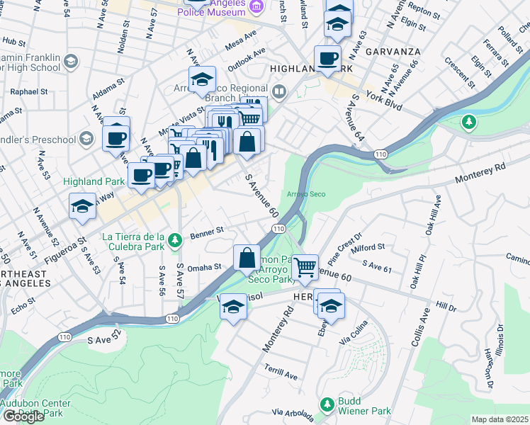 map of restaurants, bars, coffee shops, grocery stores, and more near 337 South Avenue 60 in Los Angeles