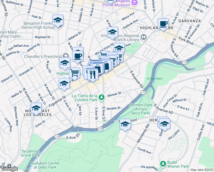 map of restaurants, bars, coffee shops, grocery stores, and more near 140 South Avenue 57 in Los Angeles