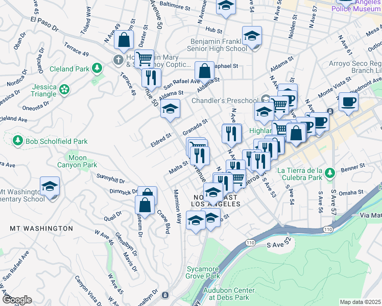 map of restaurants, bars, coffee shops, grocery stores, and more near 423 1/2 North Avenue 50 in Los Angeles