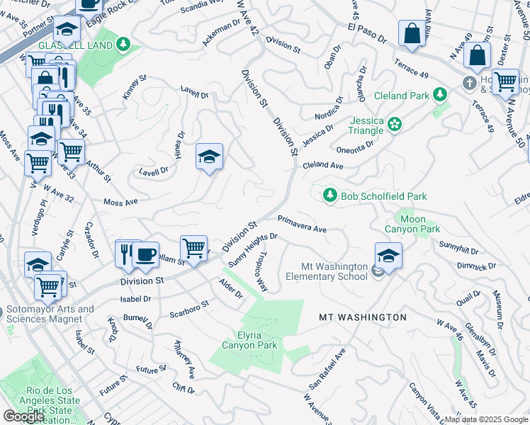 map of restaurants, bars, coffee shops, grocery stores, and more near 3611 Division Street in Los Angeles