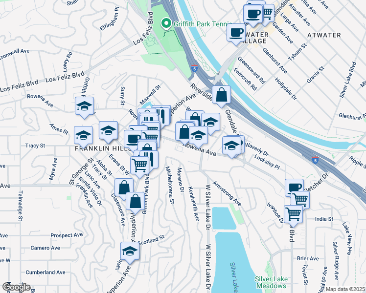map of restaurants, bars, coffee shops, grocery stores, and more near 2928 Rowena Avenue in Los Angeles