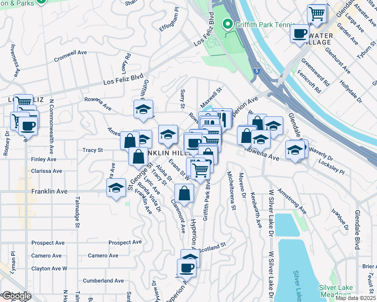 map of restaurants, bars, coffee shops, grocery stores, and more near 2820 Griffith Park Boulevard in Los Angeles