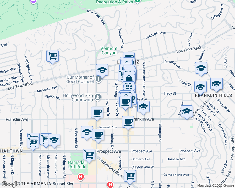 map of restaurants, bars, coffee shops, grocery stores, and more near 2028 Rodney Drive in Los Angeles