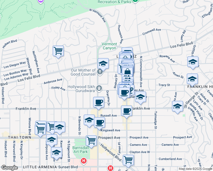 map of restaurants, bars, coffee shops, grocery stores, and more near 2024 1/2 Dracena Drive in Los Angeles
