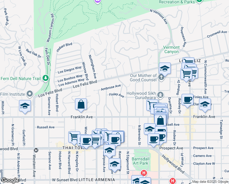 map of restaurants, bars, coffee shops, grocery stores, and more near 2011 North Kenmore Avenue in Los Angeles