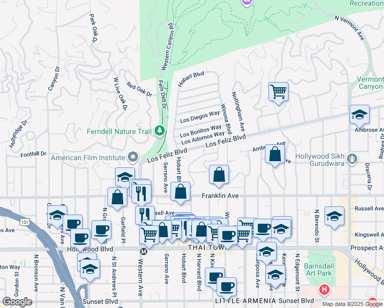 map of restaurants, bars, coffee shops, grocery stores, and more near 2027 Laughlin Park Drive in Los Angeles