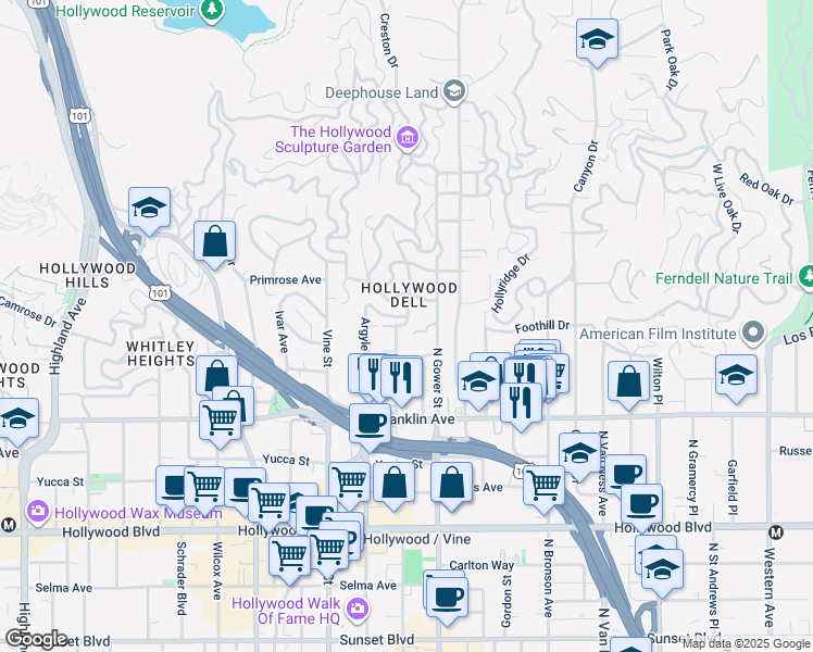 map of restaurants, bars, coffee shops, grocery stores, and more near 2060 Vista Del Mar Avenue in Los Angeles