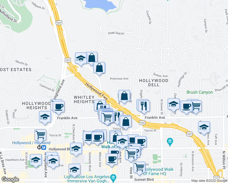map of restaurants, bars, coffee shops, grocery stores, and more near 2067 Ivar Avenue in Los Angeles