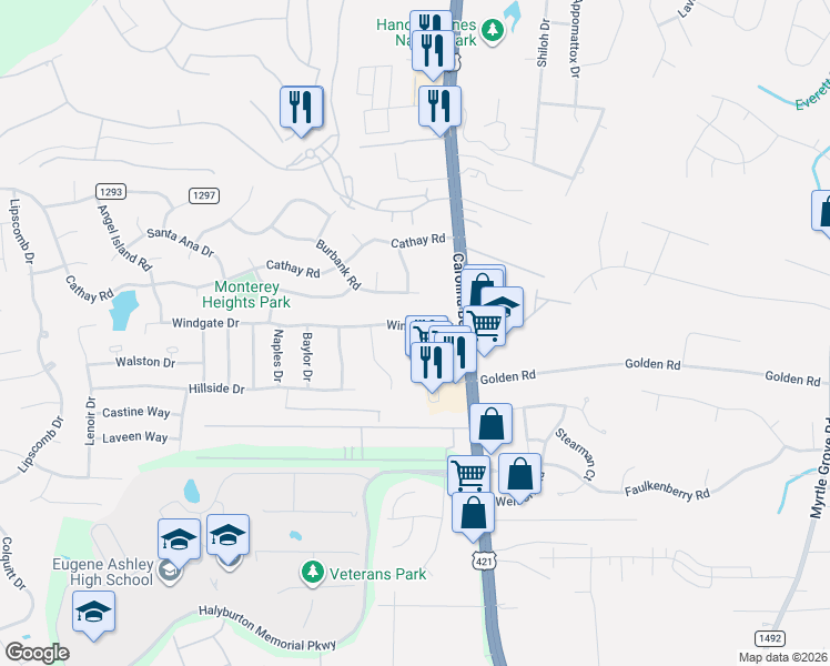 map of restaurants, bars, coffee shops, grocery stores, and more near 906 Wingate Drive in Wilmington