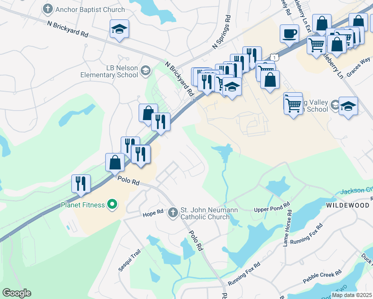 map of restaurants, bars, coffee shops, grocery stores, and more near 130 Red Coat Lane in Columbia