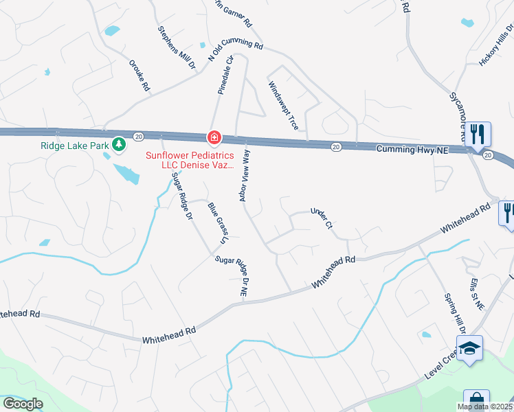 map of restaurants, bars, coffee shops, grocery stores, and more near 850 Long Branch Circle in Sugar Hill