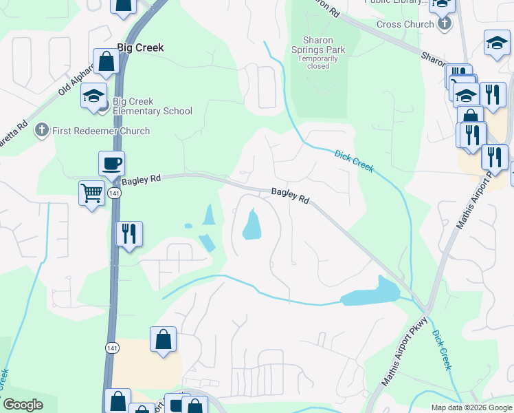 map of restaurants, bars, coffee shops, grocery stores, and more near 2505 Manor Creek Court in Cumming