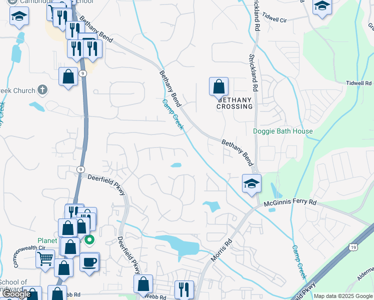 map of restaurants, bars, coffee shops, grocery stores, and more near 3390 Sonata Lane in Alpharetta