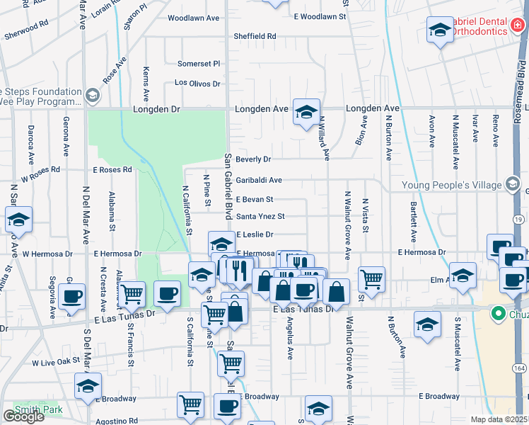 map of restaurants, bars, coffee shops, grocery stores, and more near 8259 East Santa Ynez Street in San Gabriel