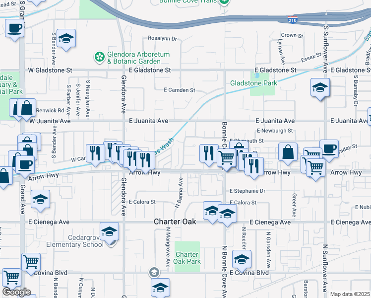 map of restaurants, bars, coffee shops, grocery stores, and more near 320 East Woodcroft Avenue in Glendora