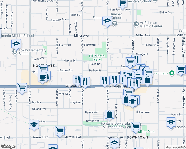 map of restaurants, bars, coffee shops, grocery stores, and more near 16558 Paine Street in Fontana