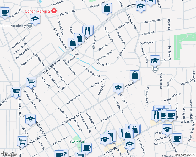 map of restaurants, bars, coffee shops, grocery stores, and more near 2605 South Oak Knoll Avenue in San Marino