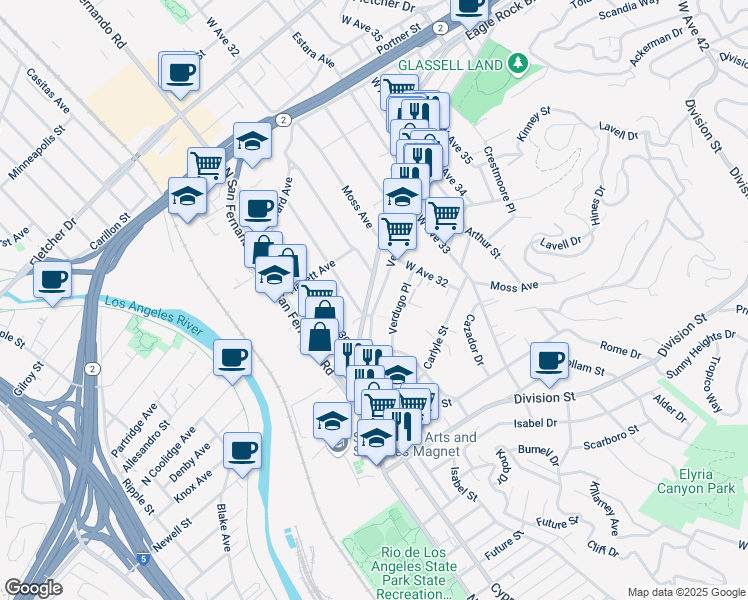 map of restaurants, bars, coffee shops, grocery stores, and more near 3115 Verdugo Road in Los Angeles