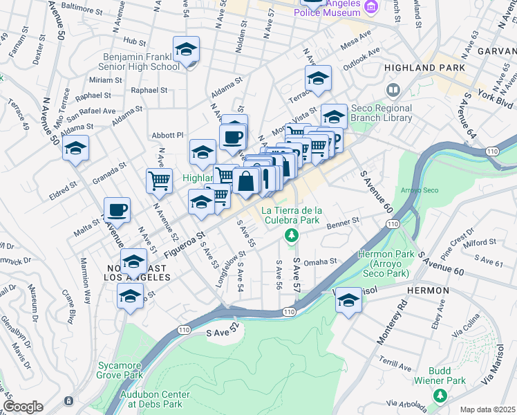 map of restaurants, bars, coffee shops, grocery stores, and more near 5577 North Figueroa Street in Los Angeles
