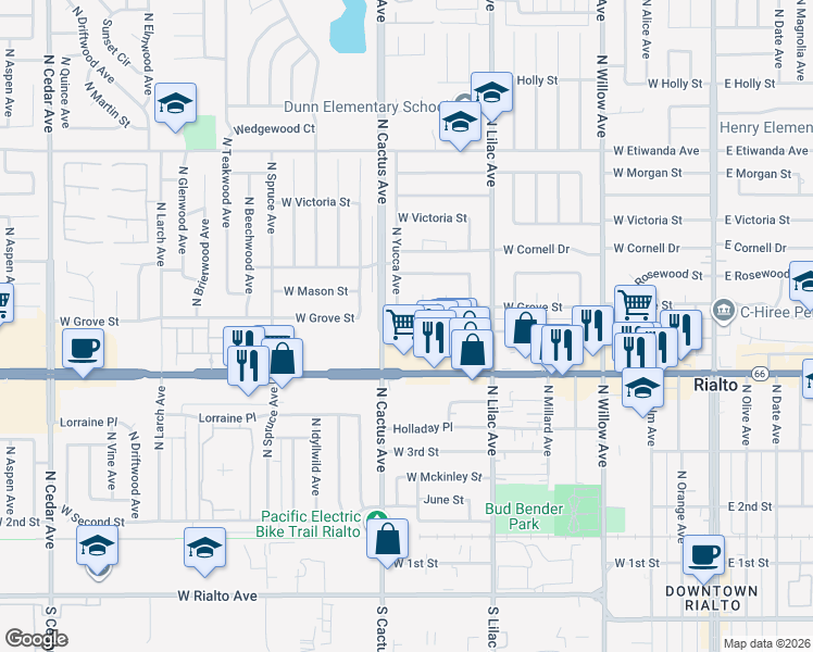 map of restaurants, bars, coffee shops, grocery stores, and more near 630 West Ramona Drive in Rialto