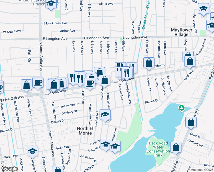 map of restaurants, bars, coffee shops, grocery stores, and more near 400 Live Oak Avenue in Arcadia