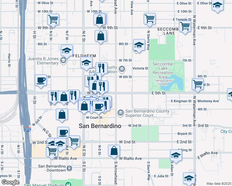 map of restaurants, bars, coffee shops, grocery stores, and more near in San Bernardino
