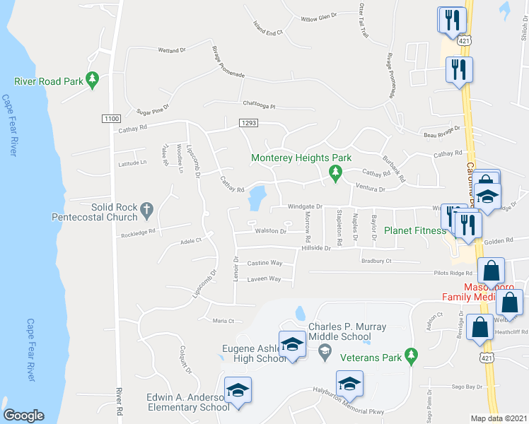 map of restaurants, bars, coffee shops, grocery stores, and more near 609 Wingate Drive in Wilmington